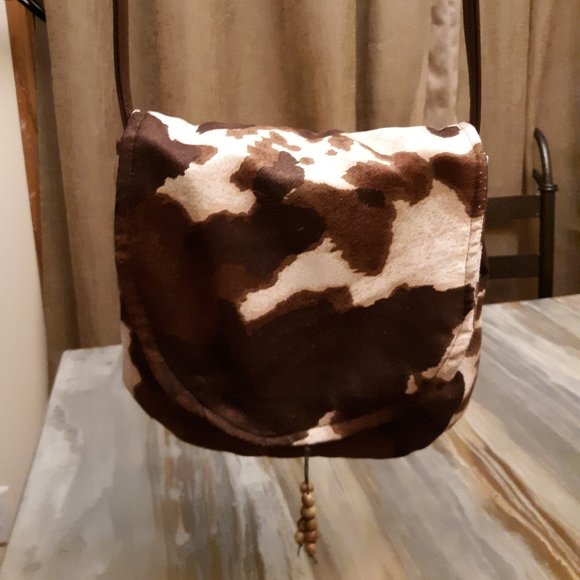 Classic Western Cow hide Print Crossbody Purse Shoulder bag Flip Top Brown Small - Picture 6 of 8